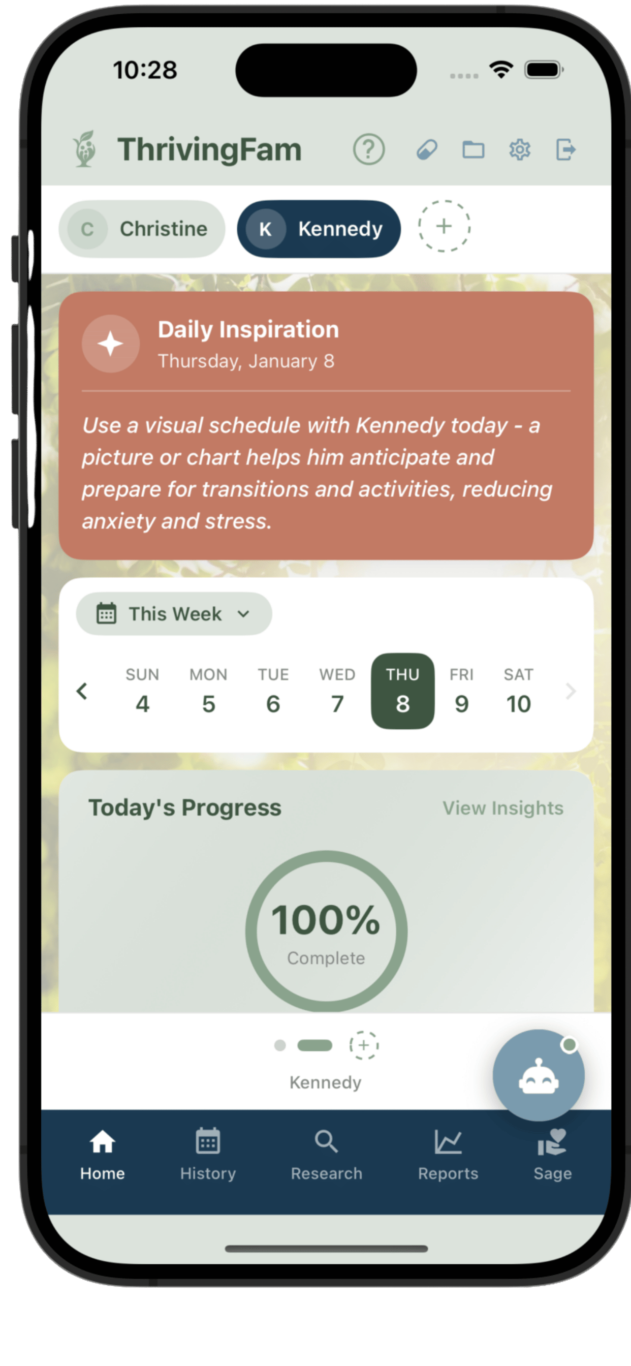 ThrivingFam Dashboard showing daily inspiration and progress tracking